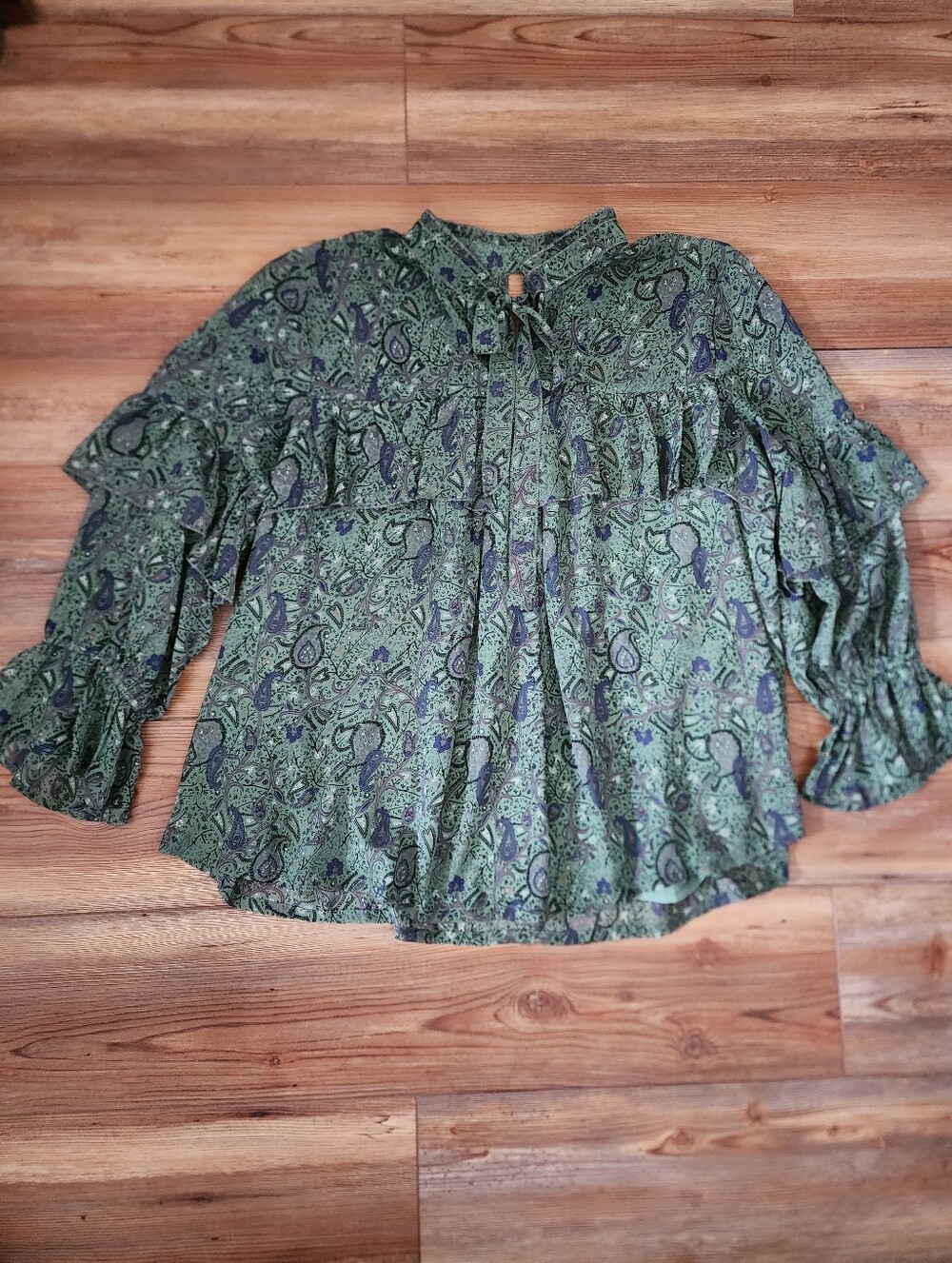 Lucky Brand Peasant Top Women's 2X Moss Green Paisley